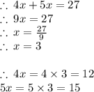 \therefore \: 4x + 5x = 27 \\  \therefore \: 9x = 27 \\ \therefore \: x =  \frac{27}{9}  \\ \therefore \: x =  3 \\  \\  \therefore \: 4x = 4 \times 3 = 12 \\  \:  \:  \:  \:  \: 5x = 5 \times 3 = 15 \\