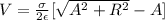 V = \frac{\sigma}{2 \epsilon} [\sqrt{A^2 +R^2} -A]