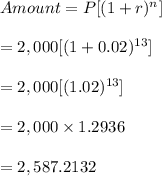 Amount = P[(1+r)^n]\\\\= 2,000[(1+0.02)^{13}]\\\\= 2,000[(1.02)^{13}]\\\\= 2,000 \times1.2936\\\\= 2,587.2132