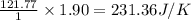\frac{121.77}{1}\times 1.90=231.36 J/K