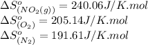 \Delta S^o_{(NO_2(g))}=240.06J/K.mol\\\Delta S^o_{(O_2)}=205.14J/K.mol\\\Delta S^o_{(N_2)}=191.61J/K.mol