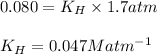 0.080=K_H\times 1.7atm\\\\K_H=0.047Matm^{-1}