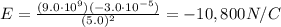 E=\frac{(9.0\cdot 10^9)(-3.0\cdot 10^{-5})}{(5.0)^2}=-10,800 N/C