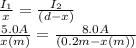 \frac{I_{1} }{x} = \frac{I_{2} }{(d-x)}  \\  \frac{5.0A}{x(m)} = \frac{8.0A}{(0.2m-x(m))}