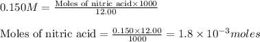 0.150M=\frac{\text{Moles of nitric acid}\times 1000}{12.00}\\\\\text{Moles of nitric acid}=\frac{0.150\times 12.00}{1000}=1.8\times 10^{-3}moles