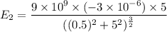 E_{2}=\dfrac{9\times10^{9}\times(-3\times10^{-6})\times5}{((0.5)^2+5^2)^{\frac{3}{2}}}