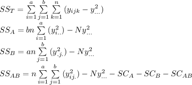SS_{T}=\sum\limits^a_{i=1}\sum\limits^b_{j=1}\sum\limits^n_{k=1} {(y_{ijk}-y_{...} ^{2} )}\\SS_{A}=bn\sum\limits^a_{i=1} {(y_{i..}^{2}) -Ny_{...} ^{2} }\\SS_{B}=an\sum\limits^b_{j=1} {(y_{.j.}^{2}) -Ny_{...} ^{2} }\\SS_{AB}=n\sum\limits^a_{i=1}\sum\limits^b_{j=1} {(y_{ij.}^{2}) -Ny_{...} ^{2} -SC_{A} -SC_{B}-SC_{AB}}