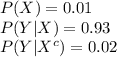 P(X) = 0.01\\P(Y|X)=0.93\\P(Y|X^{c})=0.02