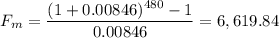 \displaystyle F_m=\frac{(1+0.00846)^{480}-1}{0.00846}=6,619.84