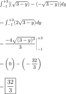 \int_{-1}^{+3}[(\sqrt{3-y})-(-\sqrt{3-y})]dy\\\\\\=\int_{-1}^{+3}(2\sqrt{3-y})dy\\\\\\=\dfrac{-4\sqrt{(3-y)^3}}{3}\bigg|_{-1}^{+3}\\\\\\=\bigg(0\bigg)-\bigg(-\dfrac{32}{3}\bigg)\\\\\\=\large\boxed{\dfrac{32}{3}}