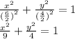 \frac{ {x}^{2} }{ { (\frac{6}{2} )}^{2} }  +  \frac{ {y}^{2} }{ {( \frac{4}{2} )}^{2} }  = 1 \\  \frac{ {x}^{2} }{ 9}  +  \frac{ {y}^{2} }{ 4 }  = 1