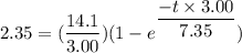 2.35=(\dfrac{14.1}{3.00})(1-e^{\dfrac{-t\times3.00}{7.35}})