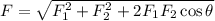 F=\sqrt{F_{1}^2+F_{2}^2+2F_{1}F_{2}\cos\theta}
