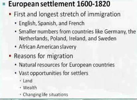 What countries sent immigrants to America during the age of European settlement from 1600 to 1820? W