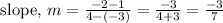 \text { slope, } m=\frac{-2-1}{4-(-3)}=\frac{-3}{4+3}=\frac{-3}{7}