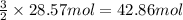 \frac{3}{2}\times 28.57 mol=42.86 mol
