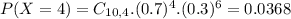 P(X = 4) = C_{10,4}.(0.7)^{4}.(0.3)^{6} = 0.0368