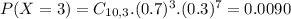 P(X = 3) = C_{10,3}.(0.7)^{3}.(0.3)^{7} = 0.0090