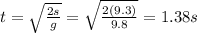 t=\sqrt{\frac{2s}{g}}=\sqrt{\frac{2(9.3)}{9.8}}=1.38 s
