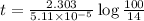 t=\frac{2.303}{5.11\times 10^{-5}}\log\frac{100}{14}