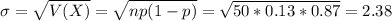 \sigma = \sqrt{V(X)} = \sqrt{np(1-p)} = \sqrt{50*0.13*0.87} = 2.38