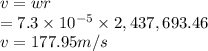 v=wr\\=7.3\times10^{-5}\times 2,437,693.46\\v=177.95m/s