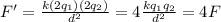 F'=\frac{k(2q_1)(2q_2)}{d^2}=4\frac{kq_1q_2}{d^2}=4F