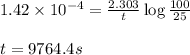 1.42\times 10^{-4}=\frac{2.303}{t}\log\frac{100}{25}\\\\t=9764.4s