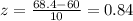 z = \frac{68.4 - 60}{10} = 0.84