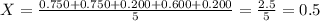 X=\frac{0.750+0.750+0.200+0.600+0.200}{5}=\frac{2.5}{5}=0.5\\