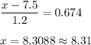 \displaystyle\frac{x - 7.5}{1.2} = 0.674\\\\x = 8.3088 \approx 8.31