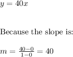 y=40x \\ \\ \\ \text{Because the slope is:} \\ \\ m=\frac{40-0}{1-0}=40
