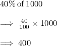 40\%  \: \text{of} \: 1000 \\ \\  \implies  \frac{40}{100}  \times 1000 \\  \\ \implies 400