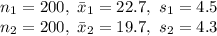 n_{1}=200,\ \bar x_{1}=22.7,\ s_{1} = 4.5\\n_{2}=200,\ \bar x_{2}=19.7,\ s_{2} = 4.3