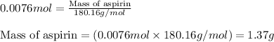 0.0076mol=\frac{\text{Mass of aspirin}}{180.16g/mol}\\\\\text{Mass of aspirin}=(0.0076mol\times 180.16g/mol)=1.37g