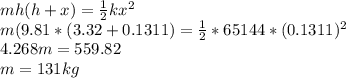 mh (h + x) = \frac{1}{2} kx^{2} \\m(9.81 * (3.32 + 0.1311) = \frac{1}{2}*65 144 * (0.1311)^{2}  \\4.268 m = 559.82\\           m = 131 kg