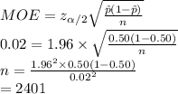 MOE=z_{\alpha/2}\sqrt{\frac{\hat p(1-\hat p)}{n}}\\0.02=1.96\times \sqrt{\frac{0.50(1-0.50)}{n}}\\n=\frac{1.96^{2}\times0.50(1-0.50)}{0.02^{2}}\\=2401