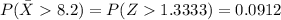 P(\bar{X}8.2) = P(Z  1.3333) = 0.0912