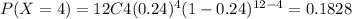 P(X=4) = 12C4 (0.24)^4 (1-0.24)^{12-4}= 0.1828