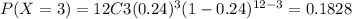 P(X=3) = 12C3 (0.24)^3 (1-0.24)^{12-3}= 0.1828