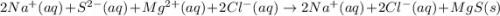 2Na^+(aq)+S^{2-}(aq)+Mg^{2+}(aq)+2Cl^{-}(aq)\rightarrow 2Na^+(aq)+2Cl^{-}(aq)+MgS(s)