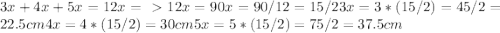 3x + 4x + 5x = 12x&#10;=\ \textgreater \  12x = 90&#10;x = 90/12 = 15/2&#10;3x = 3*(15/2) = 45/2 = 22.5 cm&#10;4x = 4*(15/2) = 30 cm&#10;5x = 5*(15/2) = 75/2 = 37.5 cm