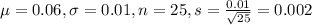 \mu = 0.06, \sigma = 0.01, n = 25, s = \frac{0.01}{\sqrt{25}} = 0.002