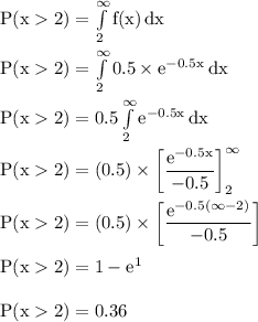 \rm P(x2)= \int\limits^{\infty}_2{f(x)} \, dx \\\\ P(x2)= \int\limits^{\infty}_2{0.5\times e^{-0.5x}} \, dx \\\\ P(x2)= 0.5\int\limits^{\infty}_2{e^{-0.5x}} \, dx } \\\\ P (x2) = (0.5) \times \left[\dfrac{e^{-0.5x}}{-0.5}\right]^{\infty}_2\\\\P (x2) = (0.5) \times \left[\dfrac{e^{-0.5(\infty - 2)}}{-0.5}\right]\\\\P (x2) = 1-e^{1}\\\\P (x2) = 0.36\\