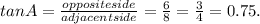 tan A = \frac{oppositeside}{adjacent side} = \frac{6}{8} = \frac{3}{4} = 0.75.