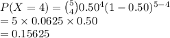 P(X=4)={5\choose 4}0.50^{4}(1-0.50)^{5-4}\\=5\times0.0625\times 0.50\\=0.15625