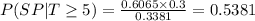 P(SP|T\geq 5)= \frac{0.6065 \times 0.3}{0.3381}&#10;= 0.5381&#10;