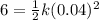 6=\frac{1}{2}k(0.04)^{2}