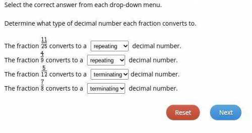 Select the correct answer from each drop-down menu. Determine what type of decimal number each fract