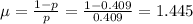 \mu=\frac{1-p}{p}=\frac{1-0.409}{0.409}=1.445
